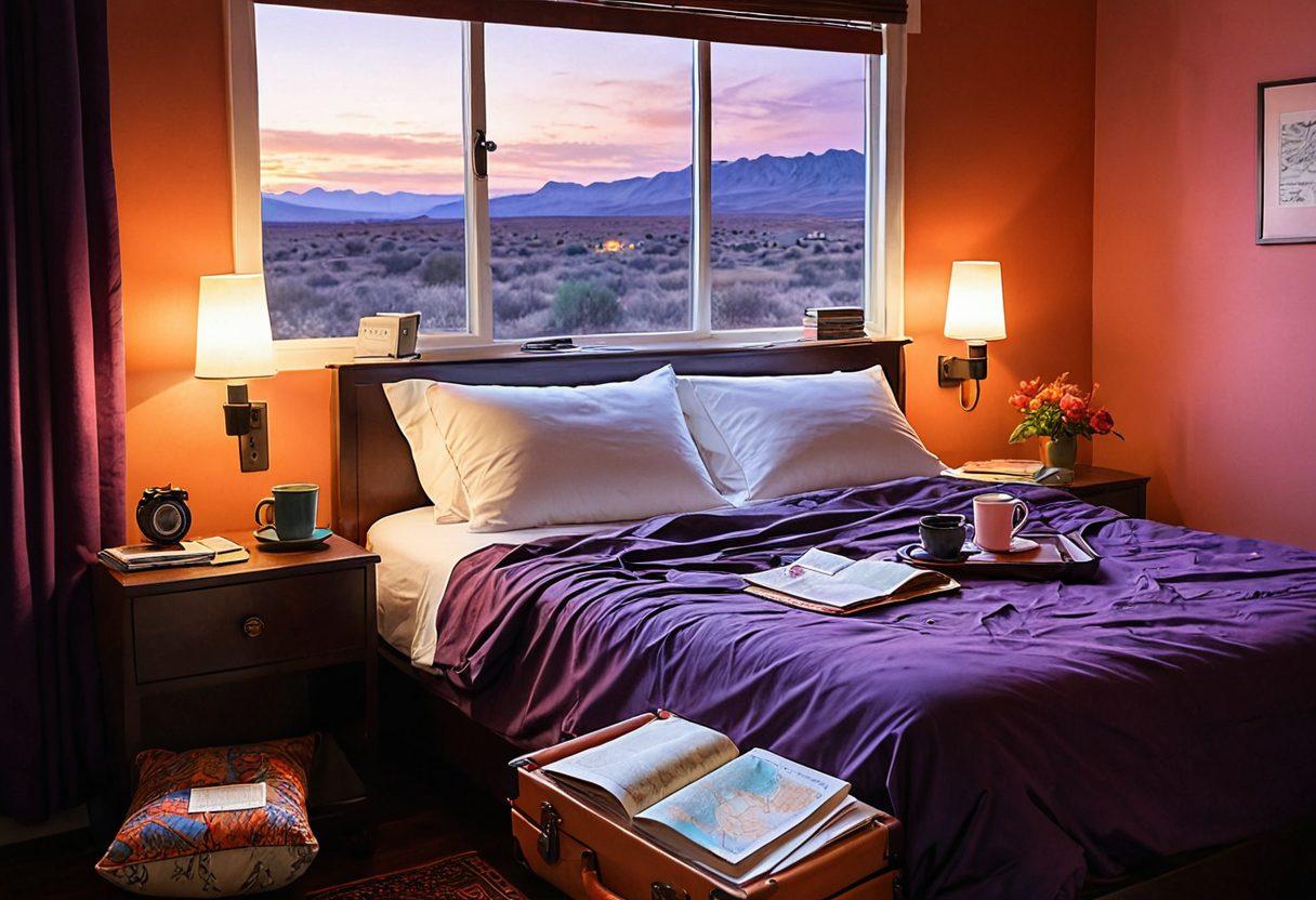 A cozy motel room interior featuring travel essentials like a map, a suitcase, and guidebooks scattered across the bed. Outside the window, a picturesque small-town view with vibrant sunset colors. Incorporate elements of a travel journal with handwritten notes and a steaming cup of coffee on a bedside table. Inviting and warm ambiance to attract savvy travelers. super-realistic. vibrant colors. warm lighting.