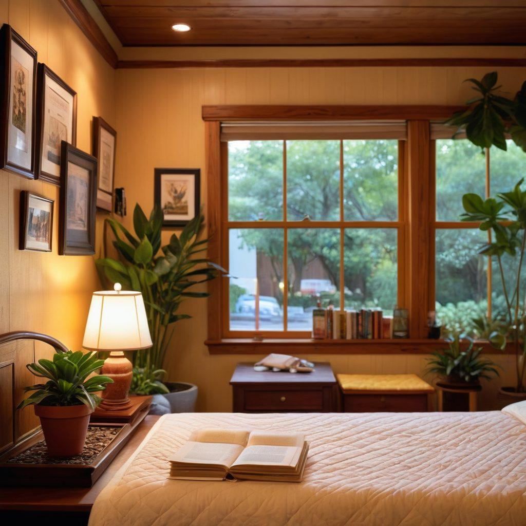 A cozy motel room with warm lighting and inviting decor, featuring a comfortable bed and a travel guide open on a table. In the background, a welcoming receptionist at the front desk, with old photographs of local attractions on the walls. Include a scenic view of an outdoor patio with potted plants. Emphasize affordability and charm. super-realistic. vibrant colors. cozy atmosphere.