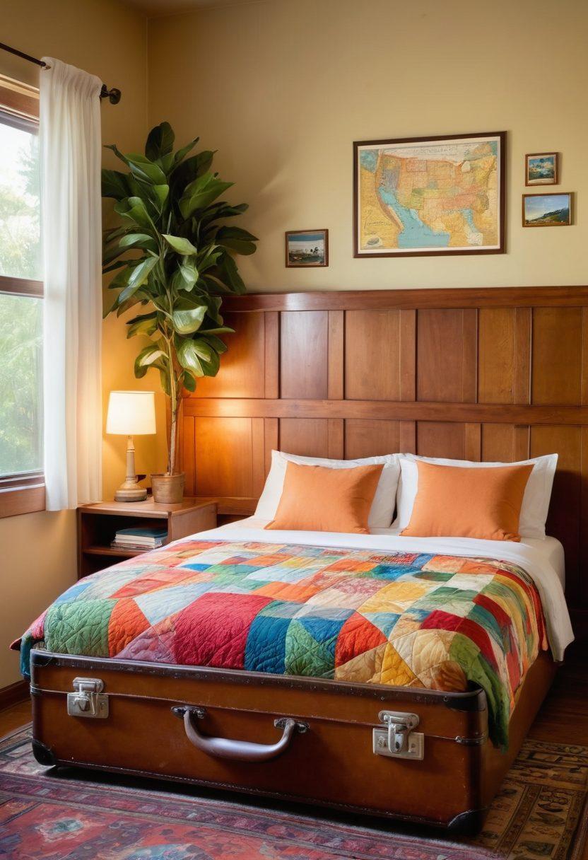 A cozy motel room with a well-made bed, vibrant travel brochures on a nightstand, and a window showing a scenic road outside. A map and a vintage suitcase are placed on the floor, hinting at adventure. Soft lighting creates a welcoming atmosphere for road trippers. emphasize affordability and comfort. super-realistic. warm colors. inviting ambiance.